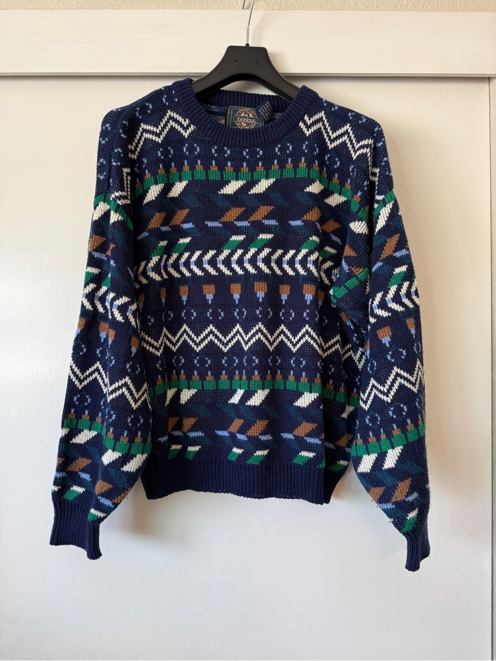 Men's Navy Geometric Pattern Crewneck Sweater - Classic Knit